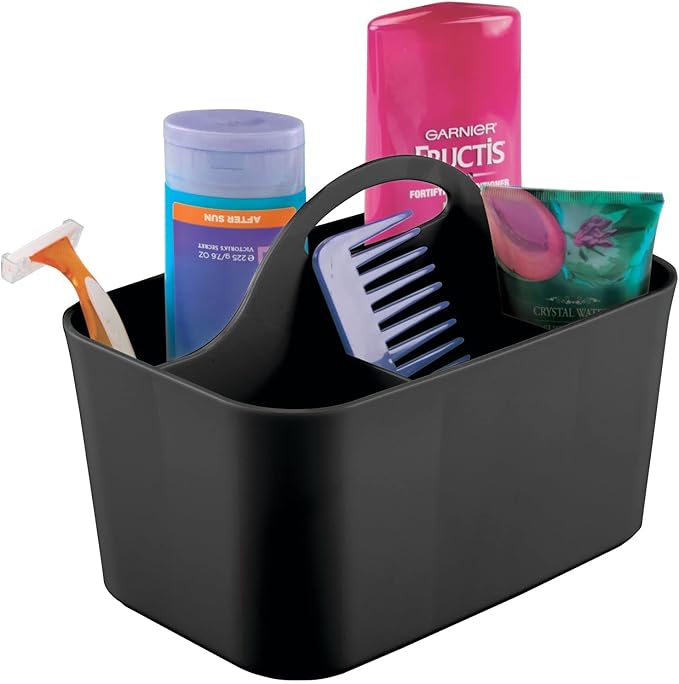 mDesign Small Plastic Shower/Bath Storage Organizer Caddy Tote with Handle for Dorm, Shelf, Cabinet - Hold Soap, Shampoo, Conditioner, Combs, Brushes, Lumiere Collection, Black