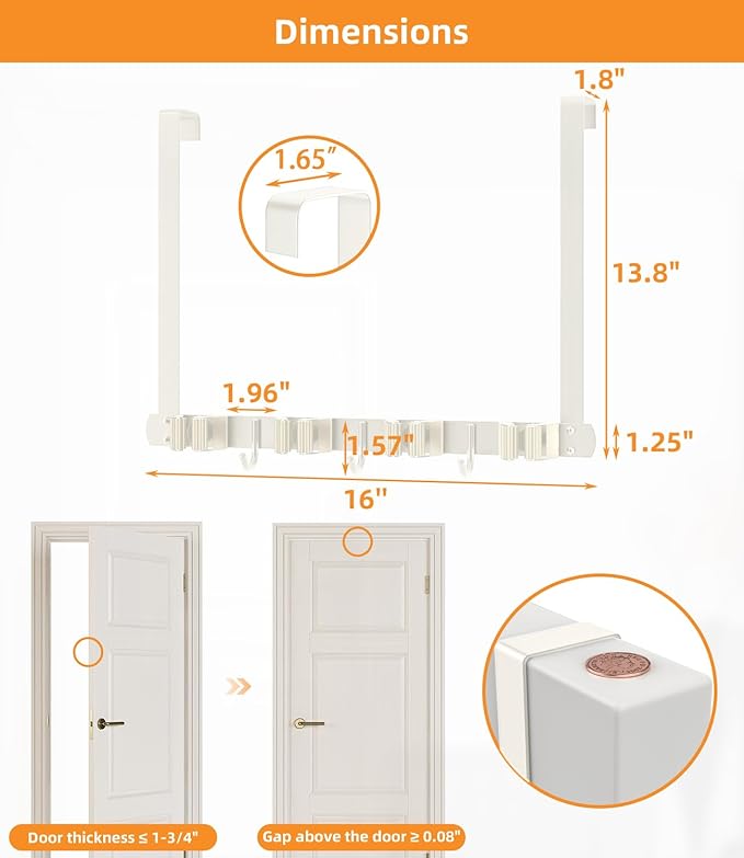 Broom Holder Over The Door - 304 Stainless Steel Mop and Broom Holder Wall Mounted or Hanging Over The Door with Hooks - Broom Hanger, Broom Storage Tool Organizer for Closet Laundry - light beige