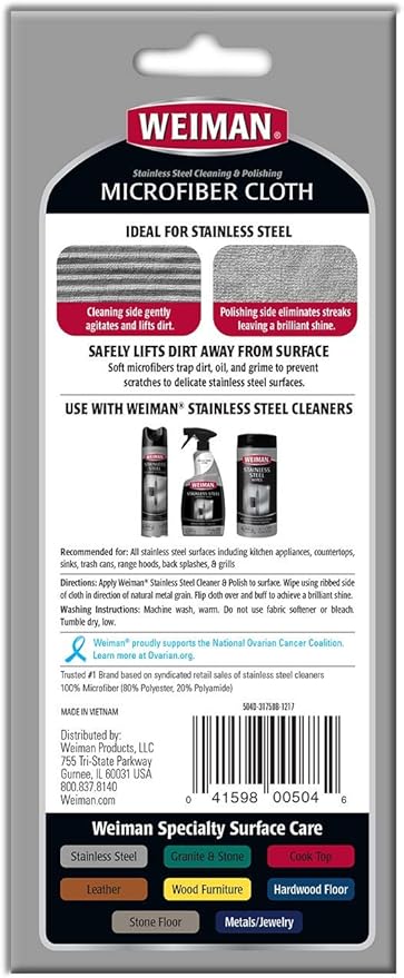 Weiman Microfiber Cloth for Stainless Steel - Safely Traps and Removes Dirt, Oil and Grime to Protect From Scratches 1.40" x 3.56"