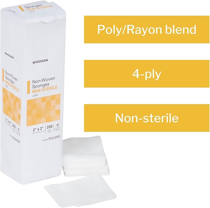 McKesson Non-Woven Sponges, 4-Ply Non-Sterile, Polyester/Rayon Blend, 2 in x 2 in, 200 per Pack, 1 Pack