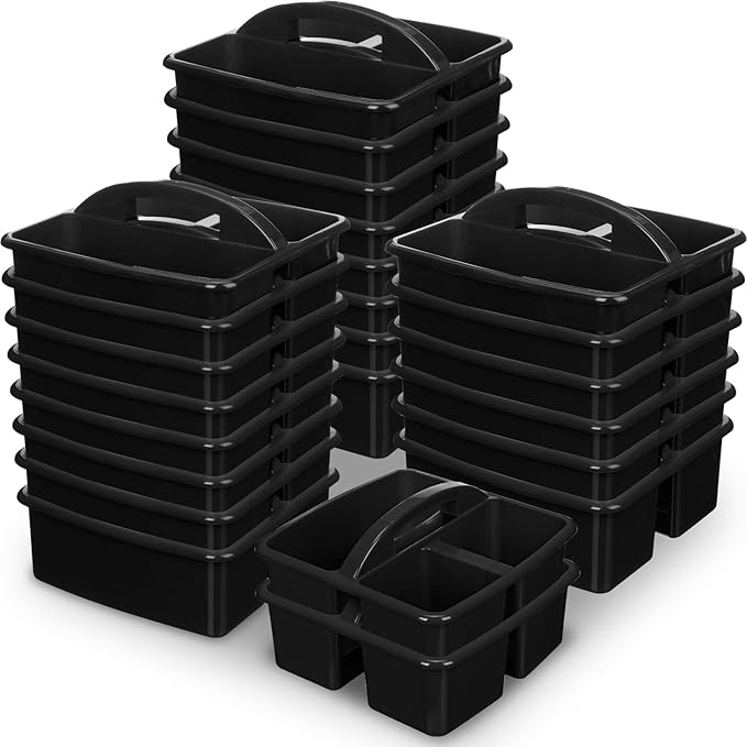 Geelin 24 Pack Classroom Caddy Bulk, Black Plastic Caddy Organizer with Handle 3-compartment Stackable Portable Storage Bins for School Office Supplies