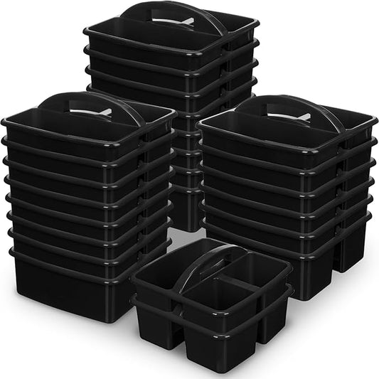 Geelin 24 Pack Classroom Caddy Bulk, Black Plastic Caddy Organizer with Handle 3-compartment Stackable Portable Storage Bins for School Office Supplies