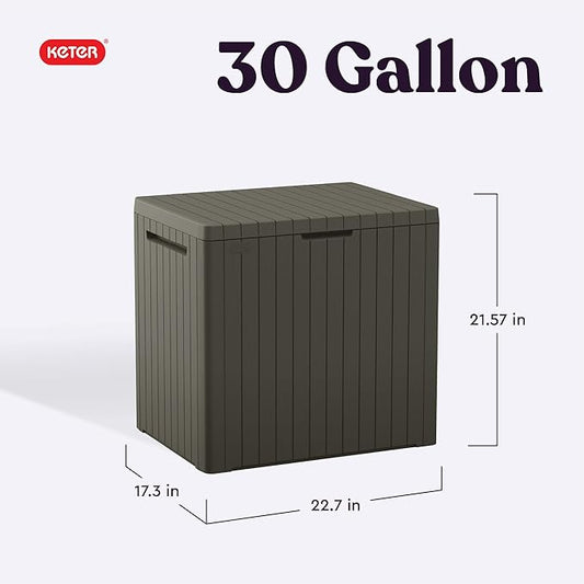 Keter City 30 Gallon Resin Outdoor Storage Box & Patio Side Table for Balcony, Pool, Deck & Garden Accessories, Weather‑Resistant, Mossy Brown