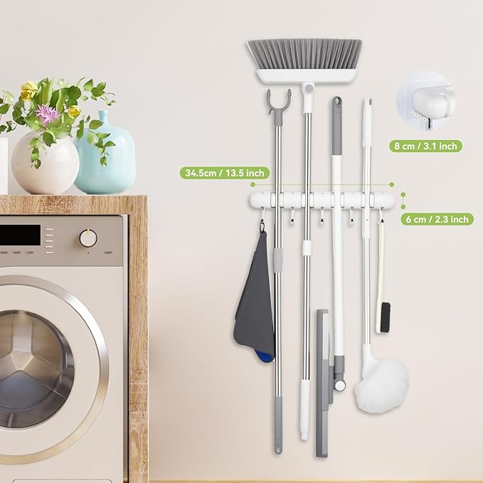 OTraki Broom Holder Wall Mount, Heavy Duty Wood Mop and Broom Organizer with 5 Slots and 4 Hooks, Garden Tool Hanger for Laundry Room Closet Kitchen Garage Storage and Organization