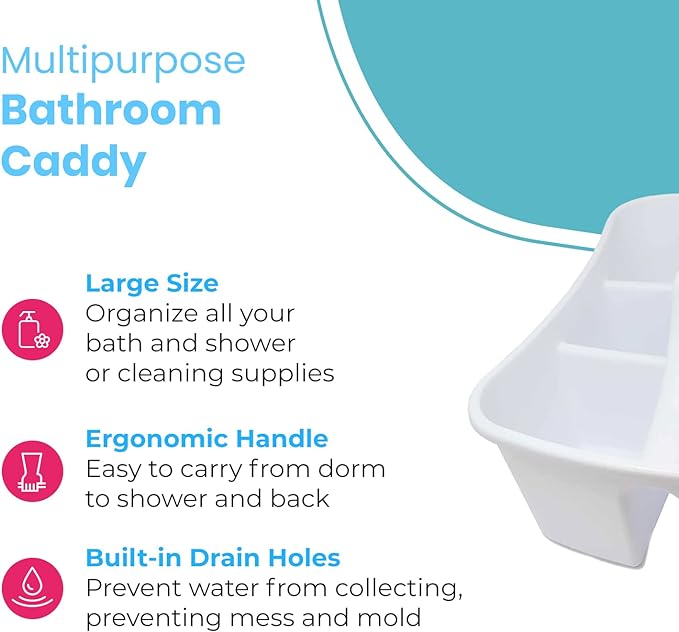 LavoHome Bath Caddie White - Totes with Divided Compartments and Handles for Organizing, Storing & Carrying Cleaning Supplies and Bathroom Accessories (Large Cleaning Caddy)