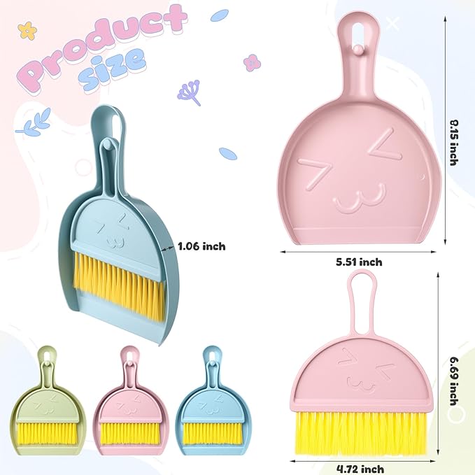LemonRoad 24 Pcs Mini Broom and Dustpan Set with Handle, Nesting Tiny Cleaning Broom, Hangable, Back to School Supplies, for Classroom, Office, Desk, Car, Kitchen, Camping, Pet Area, 3 Colors