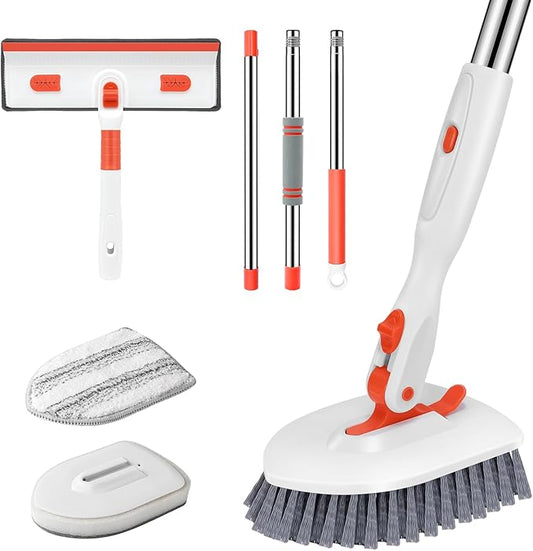 SetSail 4-in-1 Tile Tub Floor Scrubber with 52-inch Adjustable Long Handle Shower Cleaner Brush Comes with Window Scrubber and 3 Replacement Brush Heads for Cleaning Bathroom Kitchen Tub Tile,Orange