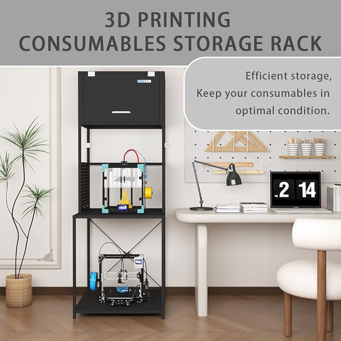 3D Printer Filament Storage Stand Rack with Dehumidifier| 3-Tier All-in-One Organizer with Tool Mounts, Dual Spool Holders | Compatible with Most 3D Printers (100LBlack)