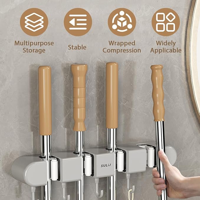 Mop Broom Holder Wall Mounted, 5 Racks and 4 Hooks Punch Free Mop and Broom Holder Wall Mount Broom Rack, Heavy Duty Hooks Self Adhesive Solid Non-slip for Home Kitchen Garden Laundry (2, Grey)