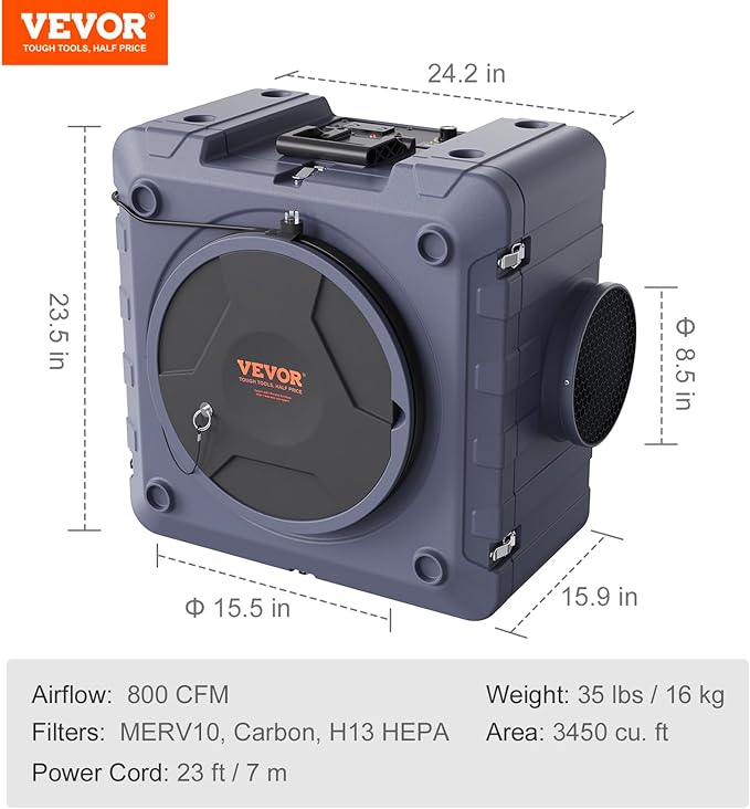 VEVOR Air Scrubber with 3-Stage Filtration, Stackable Negative Air Machine 800 CFM, Air Cleaner with MERV10, Carbon, H13 HEPA, for Home, Industrial and Commercial Use