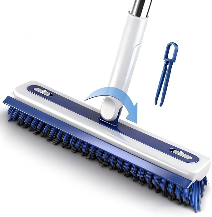 4-in-1 Floor Scrub Brush with Long Handle V-Shaped Crevice Brush Floor Scrubber Mop with Squeegee and Tweezer for Cleaning Gap Tile Bathroom Kitchen Patio Deck Garage