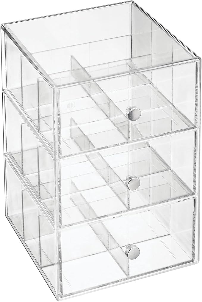 mDesign Plastic Wide Kitchen Pantry, Cabinet, Countertop Organizer Storage Station with 3 Drawers for Coffee, Tea, Sugar Packets, Sweeteners, Creamers, Drink Pods, Packets; 18 Sections - Clear