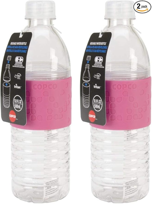 Copco Hydra Reusable Water Bottles | Set of 2 | Non-Slip Sleeve | Spill Resistant Lid | Clear Bottles for School, Gym, & Travel | BPA Free Tritan Plastic Water Bottles | 16 Oz (Pink)