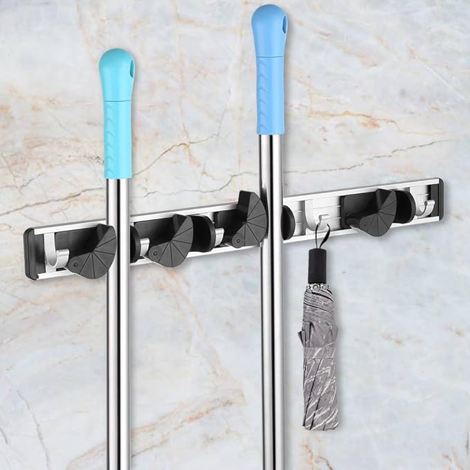 Fdit Mop and Broom Holder Rack - Mop Broom Holder Wall Mounted Tools for Home kitchen Garden Garage Saving Space(4 Position 5 Hooks)
