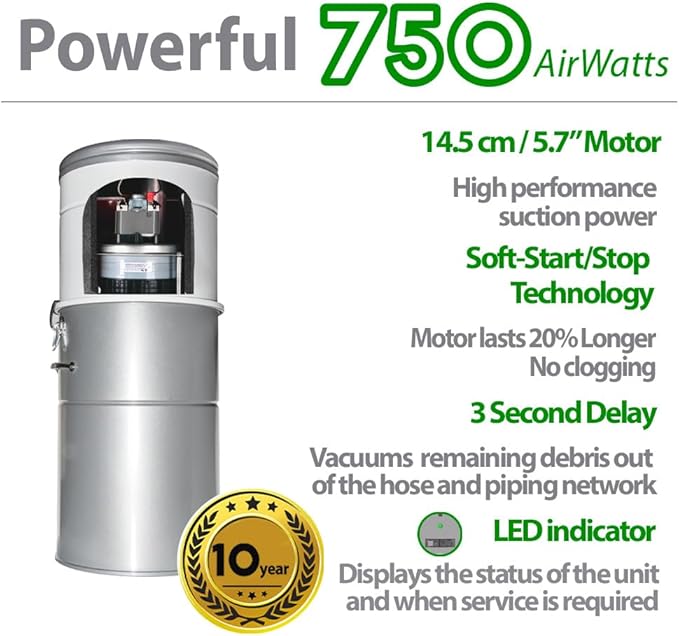 OVO Heavy Duty Powerful Central Vacuum System, Hybrid Filtration (with or Without Disposable Bags) 35L or 9.25Gal, 750 Airwatts with 40ft Carpet Deluxe Accessory kit Included