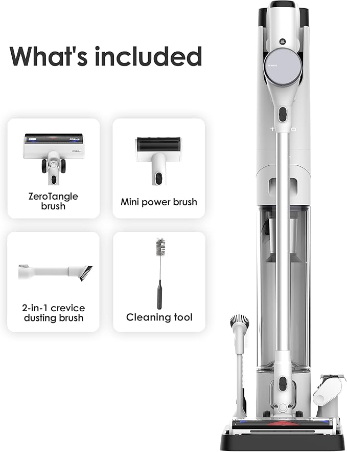 Tineco Pure ONE Station Cordless Vacuum Cleaner with 3L Auto Dust Base, Smart Stick Vacuum Cleaner Powerful Suction & Lightweight, ZeroTangle Brush for Hard Floor, Carpet & Pet Hair, White