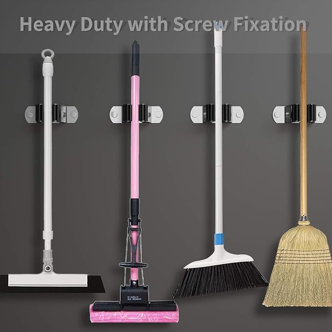 CWOVRS Broom Holder Wall Mount, 4 Pack Mop Holder Stainless Steel Mop and Broom Holder Heavy Duty Broom Hanger Wall Mount for Kitchen Garden Garage etc.