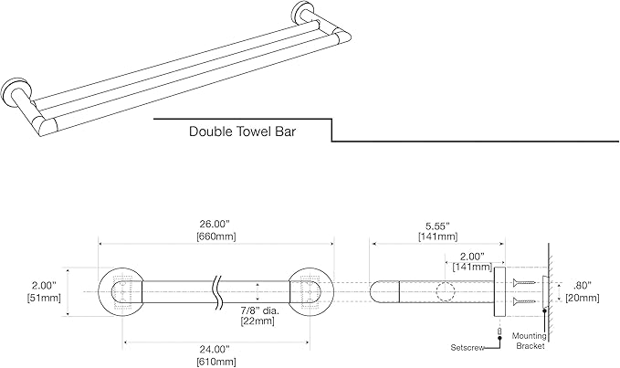 Gatco 4634MX Glam Double Towel Bar, Matte Black, 24 Inch, Double Bar