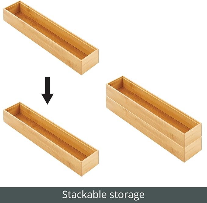 mDesign Slim Wooden Bamboo Drawer Organizer - 15" Long Stackable Storage Box Tray for Kitchen Drawers/Cabinet - Utensil, Silverware, Spatula, Flatware Holder - Echo Collection, 2 Pack, Natural Wood