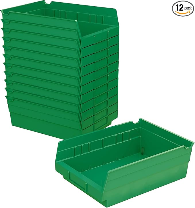 Akro-Mils 30150 Plastic Shelf Bins, Heavy Duty Storage Bins for Garage, Closet, and Drawer Organization, 12-Inch x 8-Inch x 4-Inch, Green, 12-Pack