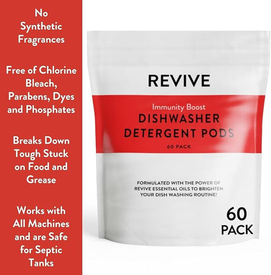 Immunity Boost Washing Dishwasher Detergent Pods 60ct by Revive Essential Oils - Synthetic Fragrance Free, Sparkling Glassware & Clean Dishes, Made with Essential Oils