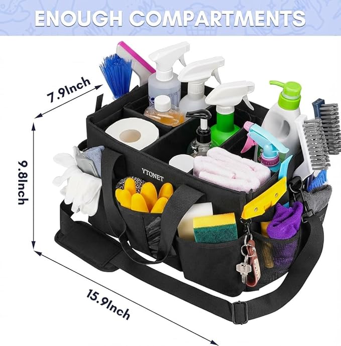 Ytonet Wearable Cleaning Caddy Bag, Large Cleaning Supplies Organizer with 4 Foldable Dividers, Caddy Organizer with Handle & Shoulder Strap & Waist Strap for Cleaners & Housekeepers, Black Grey