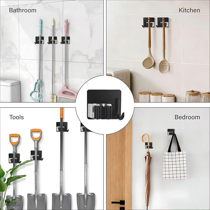 5 Pack Mop and Broom Holder Wall Mount, Stainless Steel Mop and Broom Hanger with Hooks, Mop Broom Organizer for Closet Laundry Garage Garden Tool Organizer (Black)