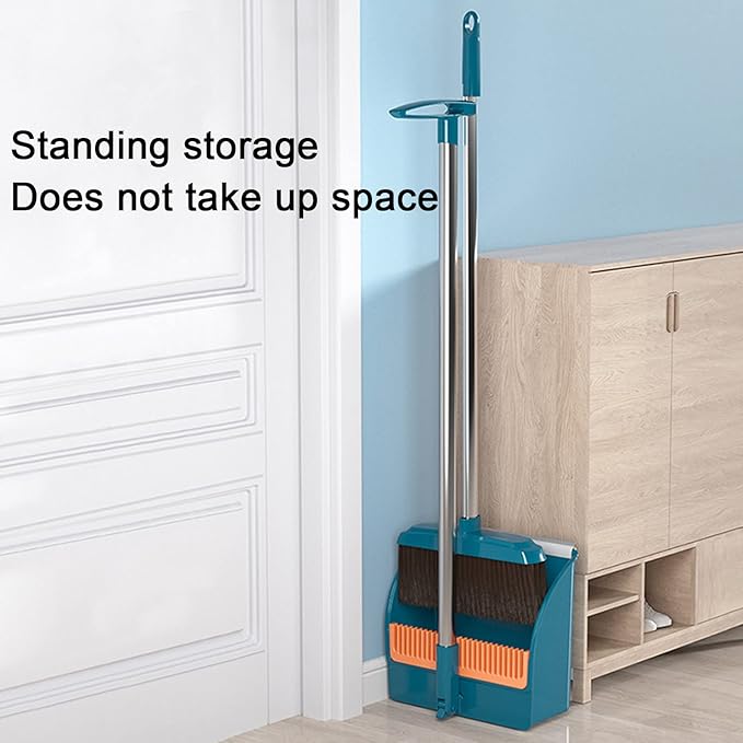 42.7'' Broom with Dustpan Combo Set, House Warming Gifts New Home, Dust pan and Broom Set, Long Handle Broom with Stand Up Dustpan Combo Set for Office Home Kitchen Lobby Floor Use (Green)