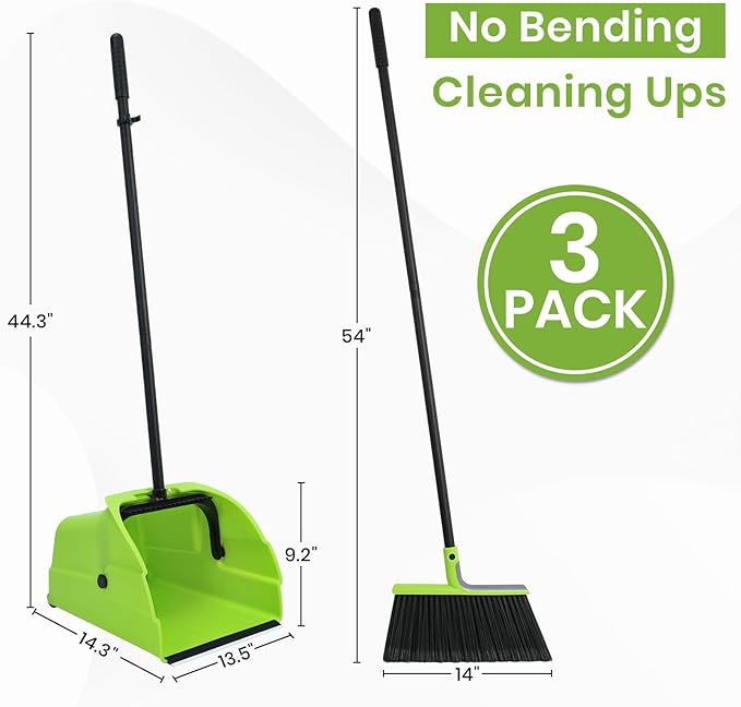 (3PK) Jumbo Commercial Broom and Dustpan Set with Large Standing Scoop Dustpan and Heavy Duty Broom, Long Handle, for Indoor/Outdoor Floor Cleaning, Janitor Supplies