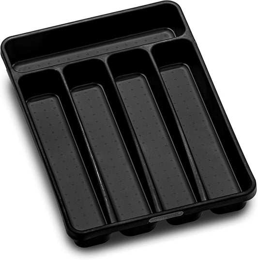 madesmart Small Silverware Tray, Compact 5 Compartment Flatware Organizer for Forks, Knives & Spoons, Non Slip, Soft Grip Lining, Fits Small Drawers, Black