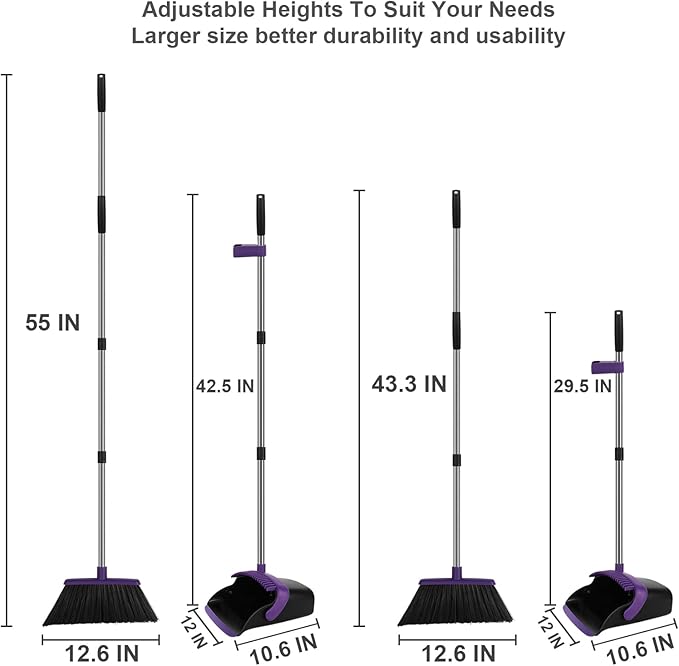 Broom and Dustpan Set, Large Household Dustpans and Broom with 55 Inch Long Handle, Pueple Broom with Dustpan Combo Set for Home