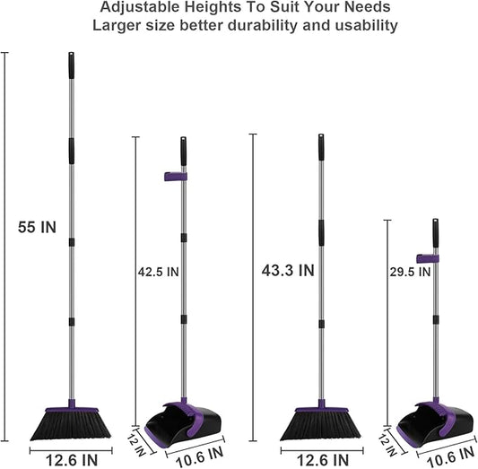 Broom and Dustpan Set, Large Household Dustpans and Broom with 55 Inch Long Handle, Pueple Broom with Dustpan Combo Set for Home