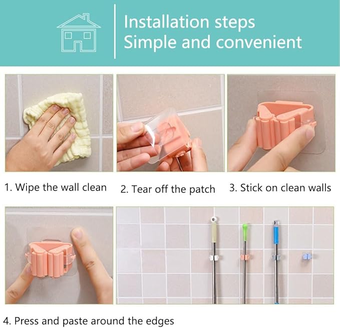 Broom And Mop Holder Clip 4 Pcs Mop Broom Wall Mounted Heavy Duty With Plastic Hooks Hanger No Drilling Mop Gripper For Home Bathroom Kitchen (pink)