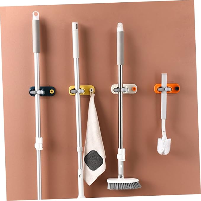 PRETYZOOM 4pcs Bathroom Storage Mounted Mop Holder Broom Organizer for Easy Cleaning Self-adhesive Hooks Yellow