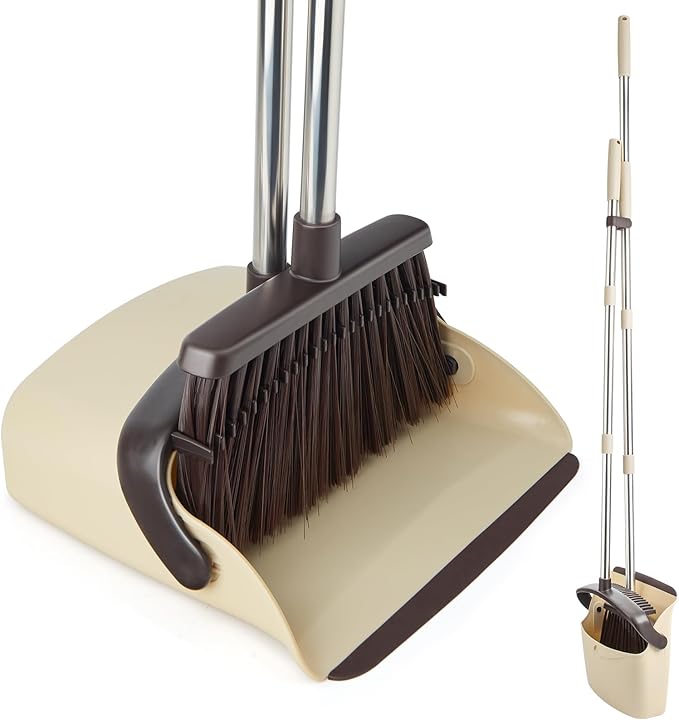 Broom and Dustpan Set, Dustpan Combo with 51" Stainless Steel Long Handle Brooms with 5-Layer Soft Bristles for Home Office Kitchen Bathroom(Beige)