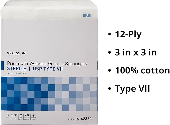 McKesson Premium Woven Gauze Sponges, Sterile, 12-Ply, USP Type VII, 100% Cotton, 3 in x 3 in, 2 per Pack, 40 Packs, 80 Total