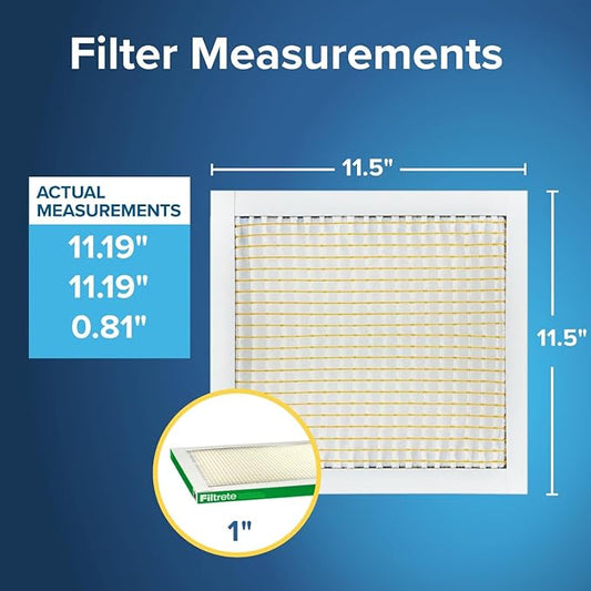 Filtrete 11.5x11.5x1 AC Furnace Air Filter, MERV 8, MPR 700, Tough on Pollen, Easy on Airflow, 3-Month Pleated 1-Inch Electrostatic Air Cleaning Filter, 4-Pack (Actual Size 11.19 x 11.19 x 0.81 in)
