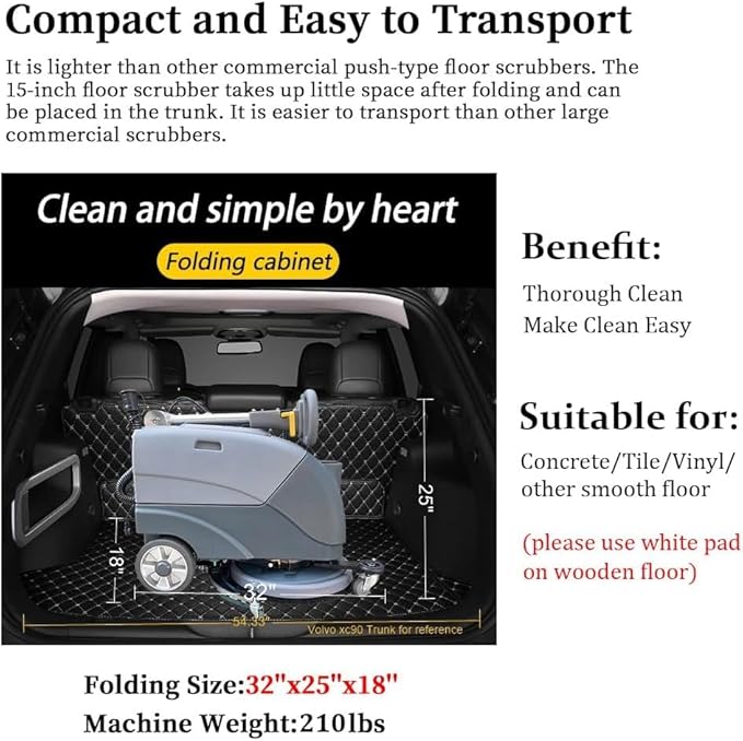 (EM-25) 15'' Brush Foldable Walk Behind Hand Push Floor Scrubber Machine,