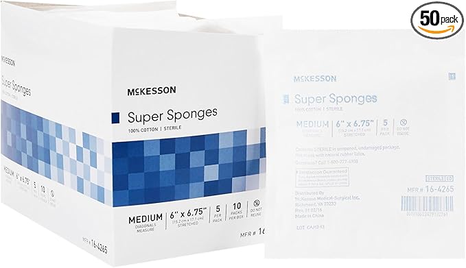 McKesson Super Sponges, Sterile, 100% Cotton, Fluff Dressing, 6 in x 6 3/4in, 5 per Pack, 10 Packs, 50 Total