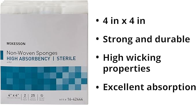 McKesson Non-Woven Sponges, Sterile, 4-Ply, High Absorbency, Polyester/Rayon (4 X 4 Inch (50 Count))