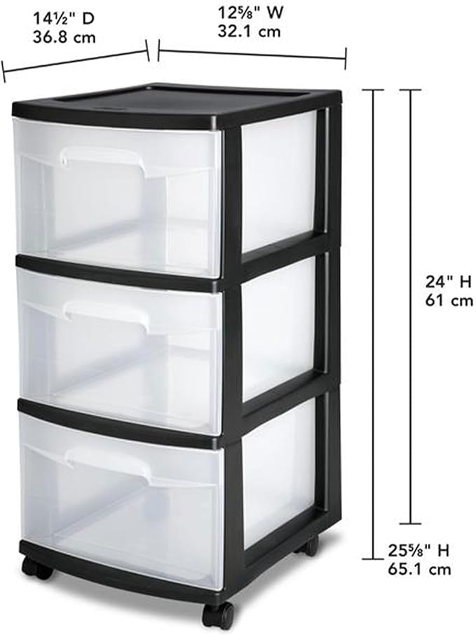 Sterilite 8 Pack Plastic Storage Organizer, 3 Drawer Rolling Bin Cart, Closet Organization, Black