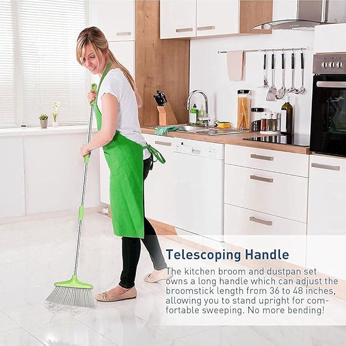 FGY Broom and Dustpan Set 48" Long Handle Broom and Collapsible Dust Pan Combo for Home Office Kitchen (Green)