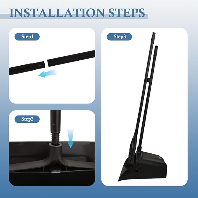 Broom and Dustpan Set with Long Handle and Wheels, Upright Standing Heavy Duty Large Dust Pan and Broom Combo for Indoor Outdoor, Kitchen, Garage, Restaurant Cleaning – Black