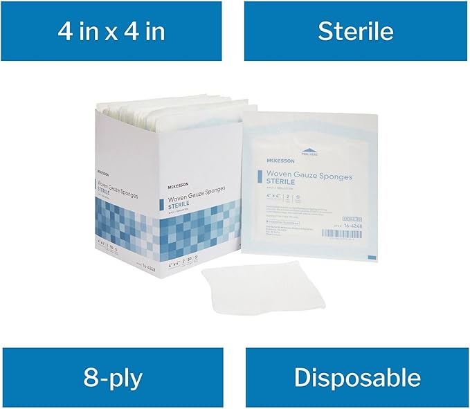 McKesson Woven Gauze Sponges, Sterile, 8-Ply, 100% Cotton, 4 in x 4 in, 2 per Pack, 50 Packs, 100 Total