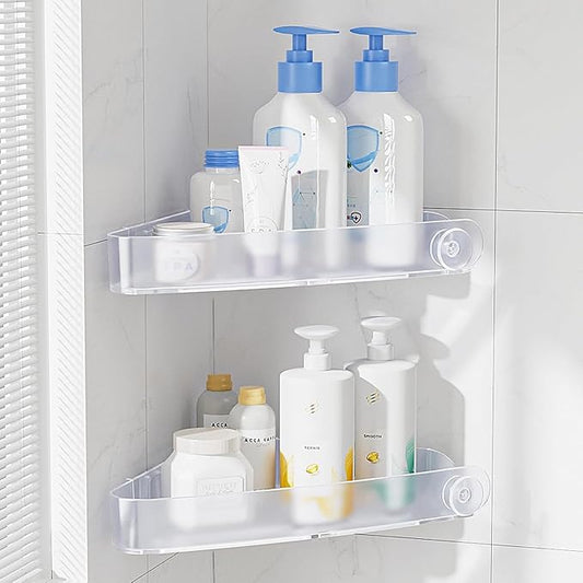 Sotfamily Plastic Shower Caddy Corner (for 90° Only), 2 Pack Adhesive Corner Shower Shelves for Bathroom Organizers and Storage, Crystal