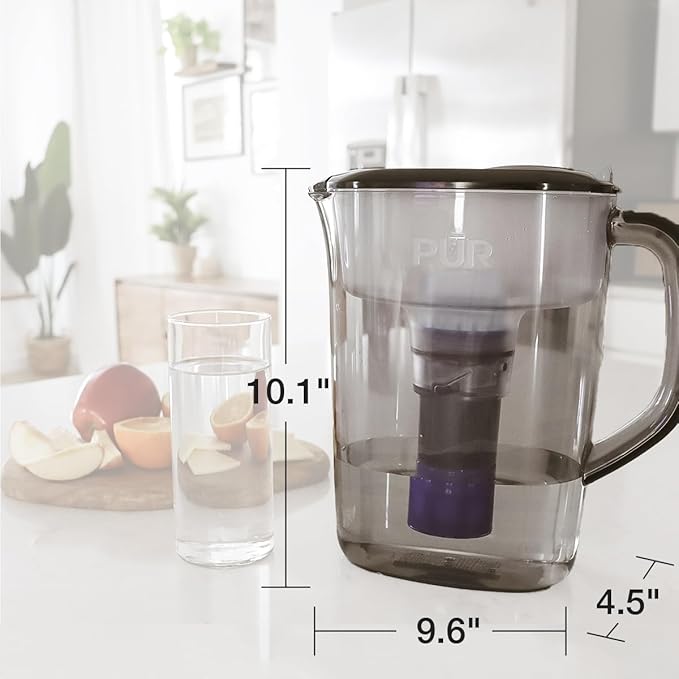 PUR Plus 7-Cup Water Filter Pitcher, Cleaner, Great-Tasting Water, Dishwasher Safe, Powerful, Lead-Reducing Filtration, LockFit Cap Design, Smoke