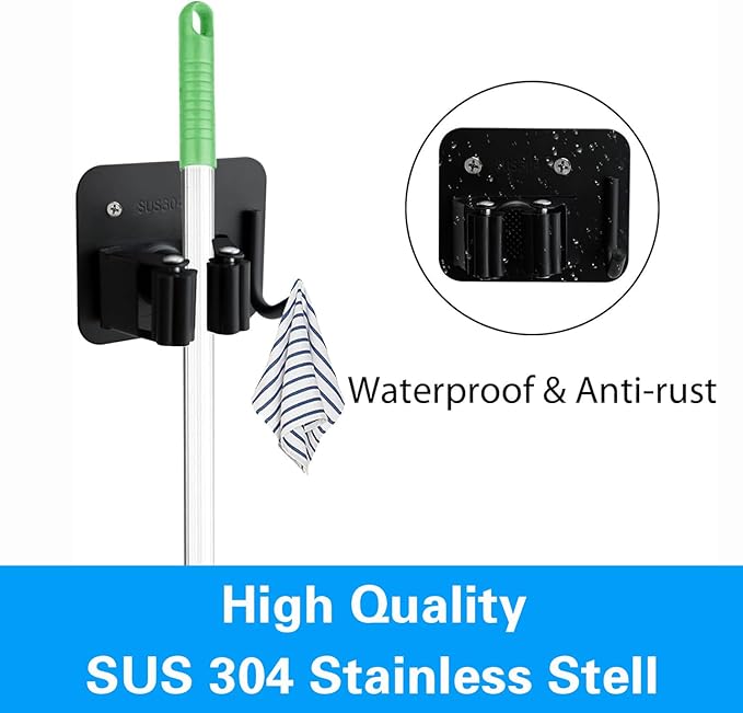 5 Pack Mop Broom Holder Wall Mount Screw Drilling, Stainless Steel Heavy Duty Organizer Hanger Tool Rack for Bathroom Kitchen Garage Laundry Office, Black