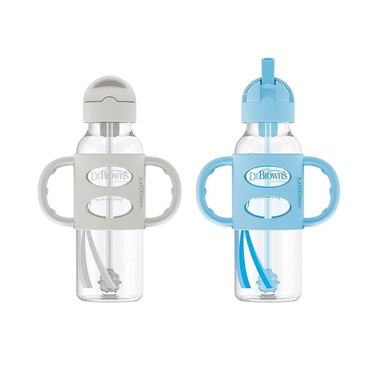 Dr. Brown's Milestones Narrow Sippy Straw Bottle, Spill-Proof with 100% Silicone Handles and Weighted Straw, 8 oz/250 mL, Blue/Gray, 6m+