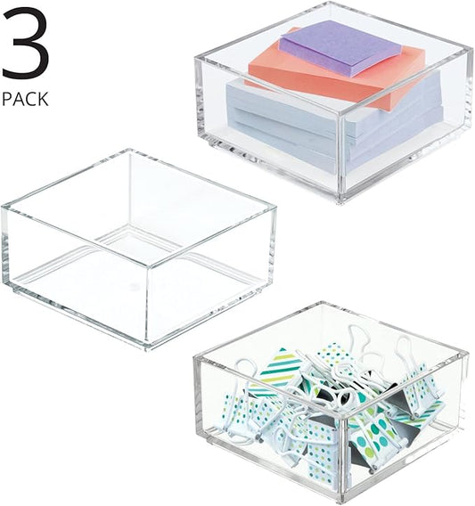 mDesign Plastic Square Desk Organizer - Create Section for Home Office Drawers, Desktop - Holds Pens, Paper Clips, Notebooks and Other Office Supply Accessory - Lumiere Collection - 3 Pack, Clear