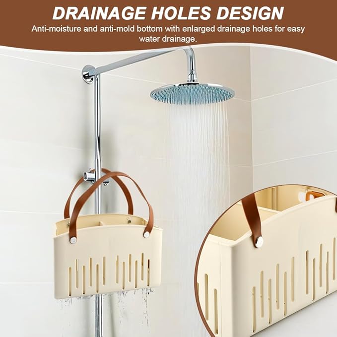 Portable Shower Caddy with Cleaning Sponge, Foldable Shower Storage Basket with Handle and Adjustable Divider, Quick Dry Bathroom Organizer Bin for Bathroom,Dorm,College,Camp,Travel(COLOR:Cream)